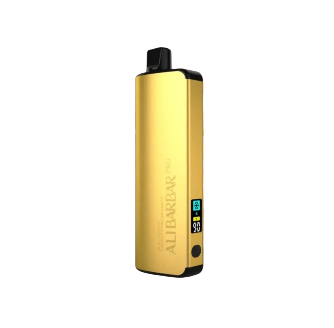 Gold-colored alibarbar pro vape pen with sleek metallic finish and digital battery display for ice adjust blackberry flavor