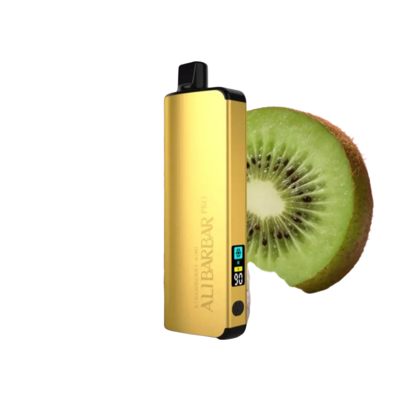 Gold-colored aluminum alibarbar pro 12000 ice adjust strawberry kiwi vape pen with black accents and digital battery display