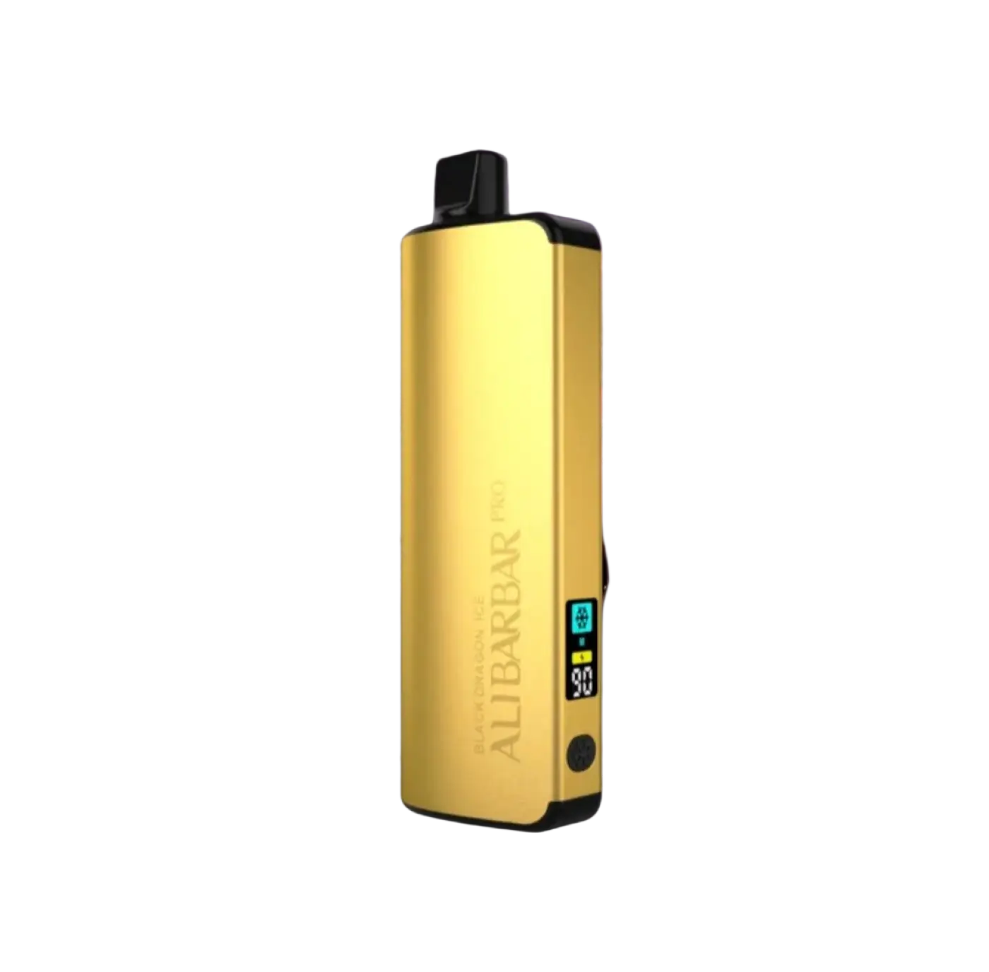 Gold-colored alibarbar pro 12000 vape pen with black accents and digital battery display ice adjust black dragon ice model