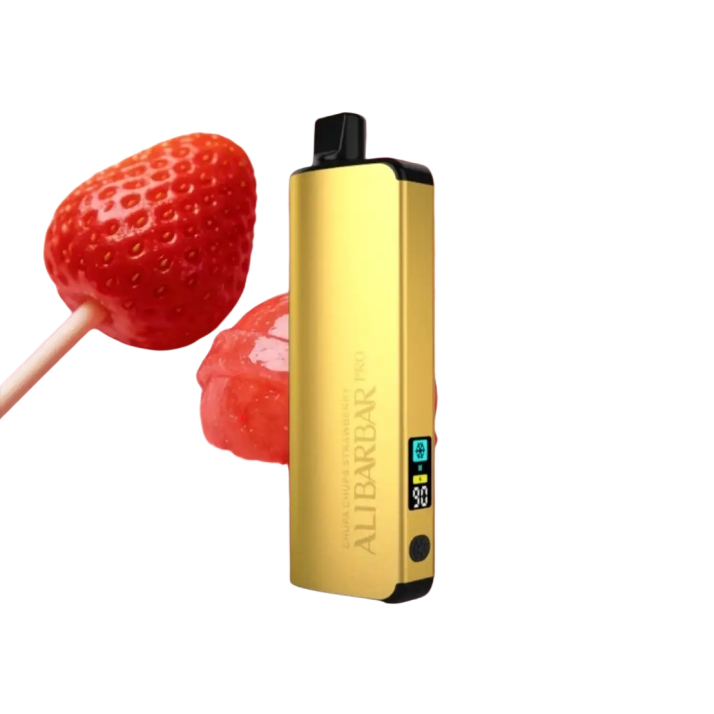Gold-colored alibarbar pro 12000 ice adjust chupa chups strawberry vaporizer with black accents and digital battery display