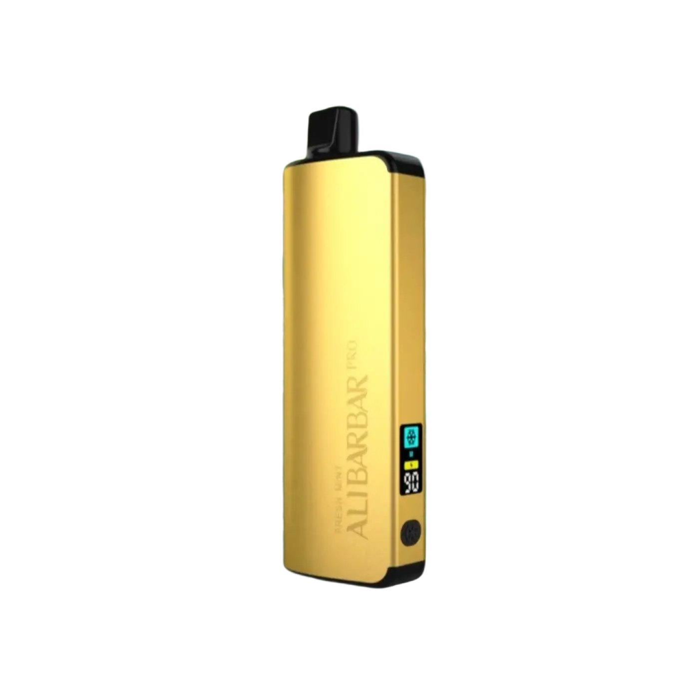 Gold colored alibarbar pro 12000 ice adjust fresh mint vape pen with black accents and digital battery display