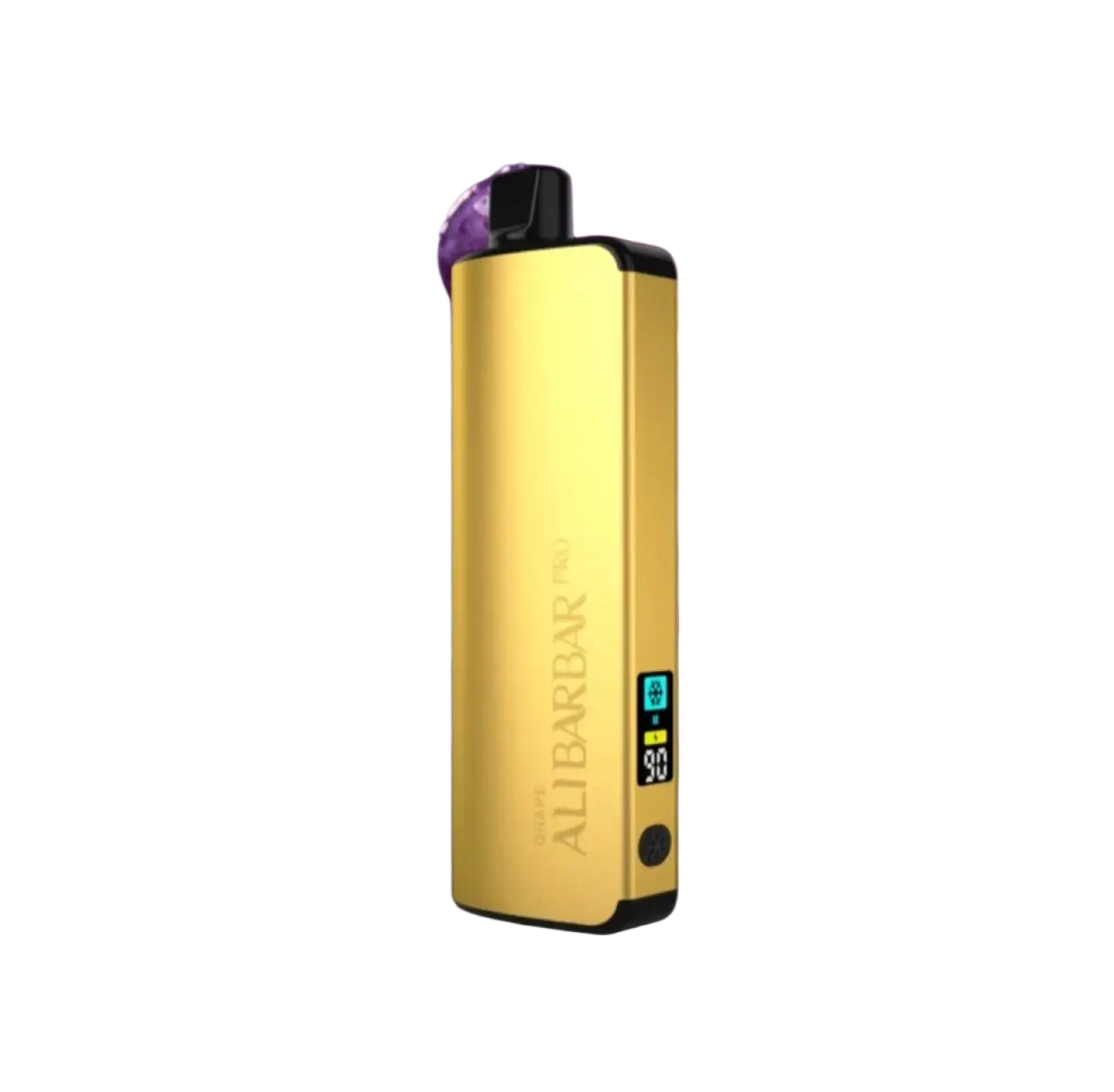 Gold alibarbar pro 12000 ice adjust vape pen with black accents and digital display showing battery and ice adjust grape settings