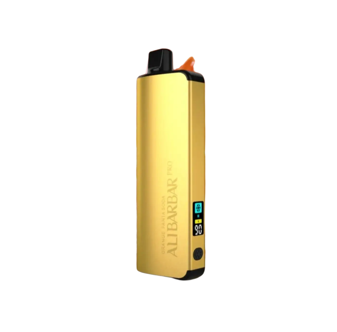 Gold-colored aluminum alibarbar pro 12000 vape pen with black accents and digital battery display for orange fanta soda flavor