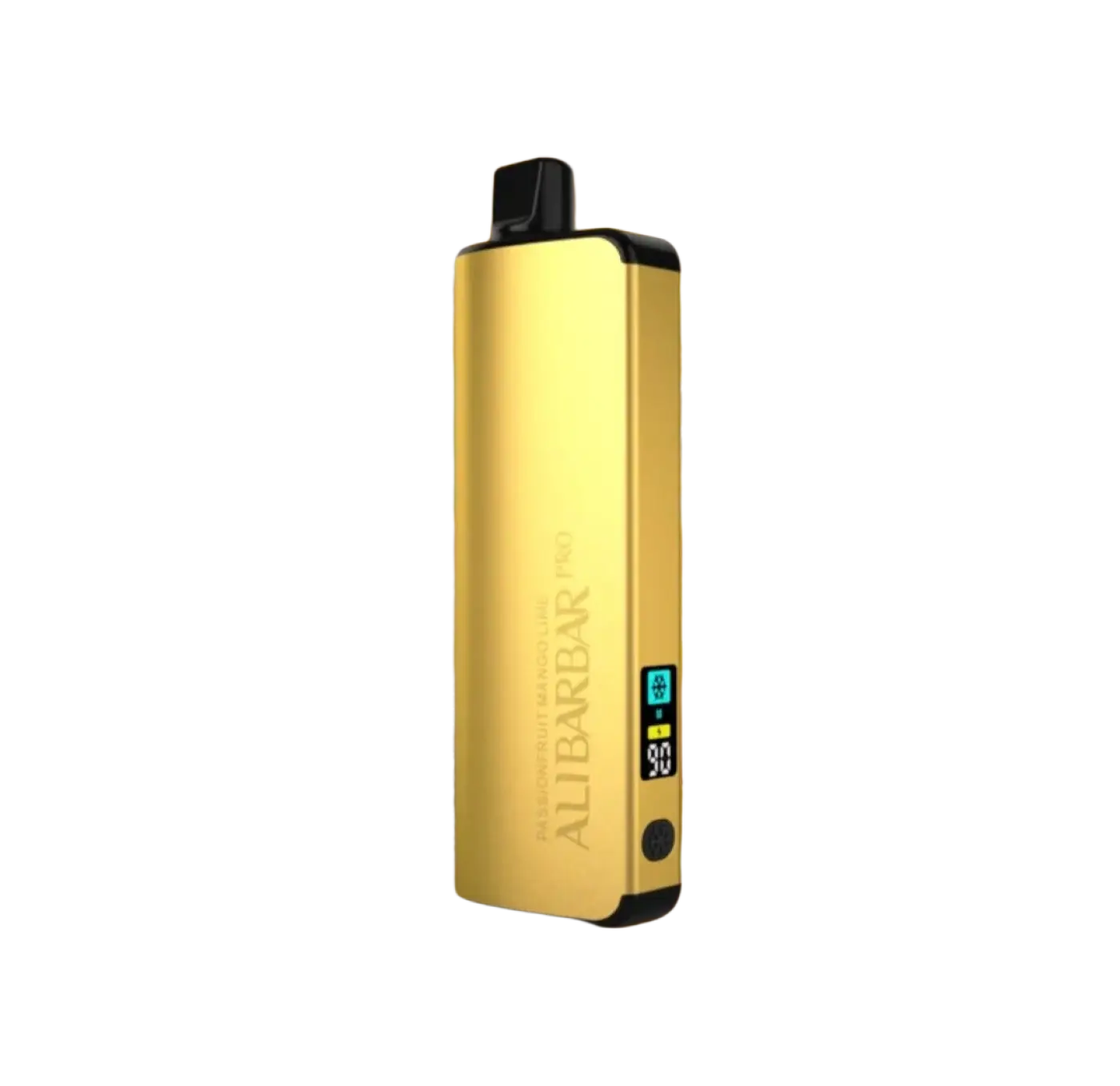 Gold-colored alibarbar pro 12000 ice adjust passionfruit mango lime vape pen with black accents and digital display