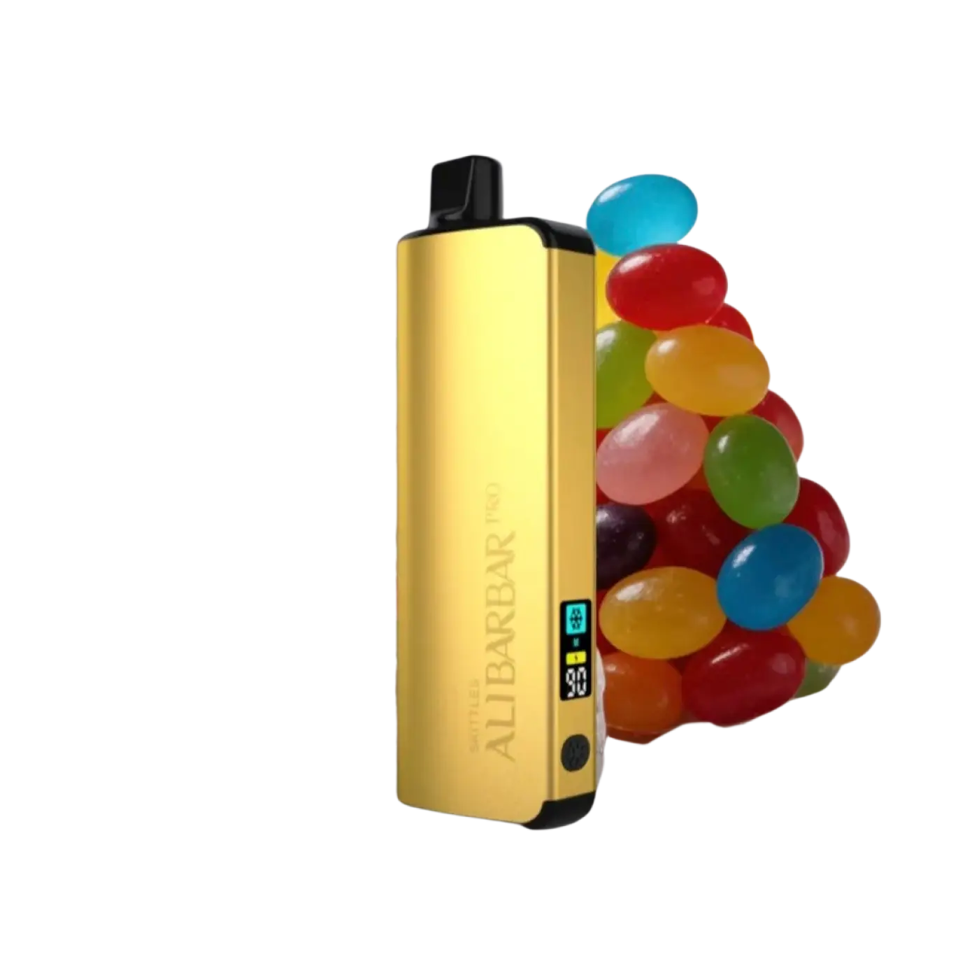 Gold-colored aluminum alibarbar pro 12000 vape pen with ice adjust skittles digital display showing battery and ice control settings
