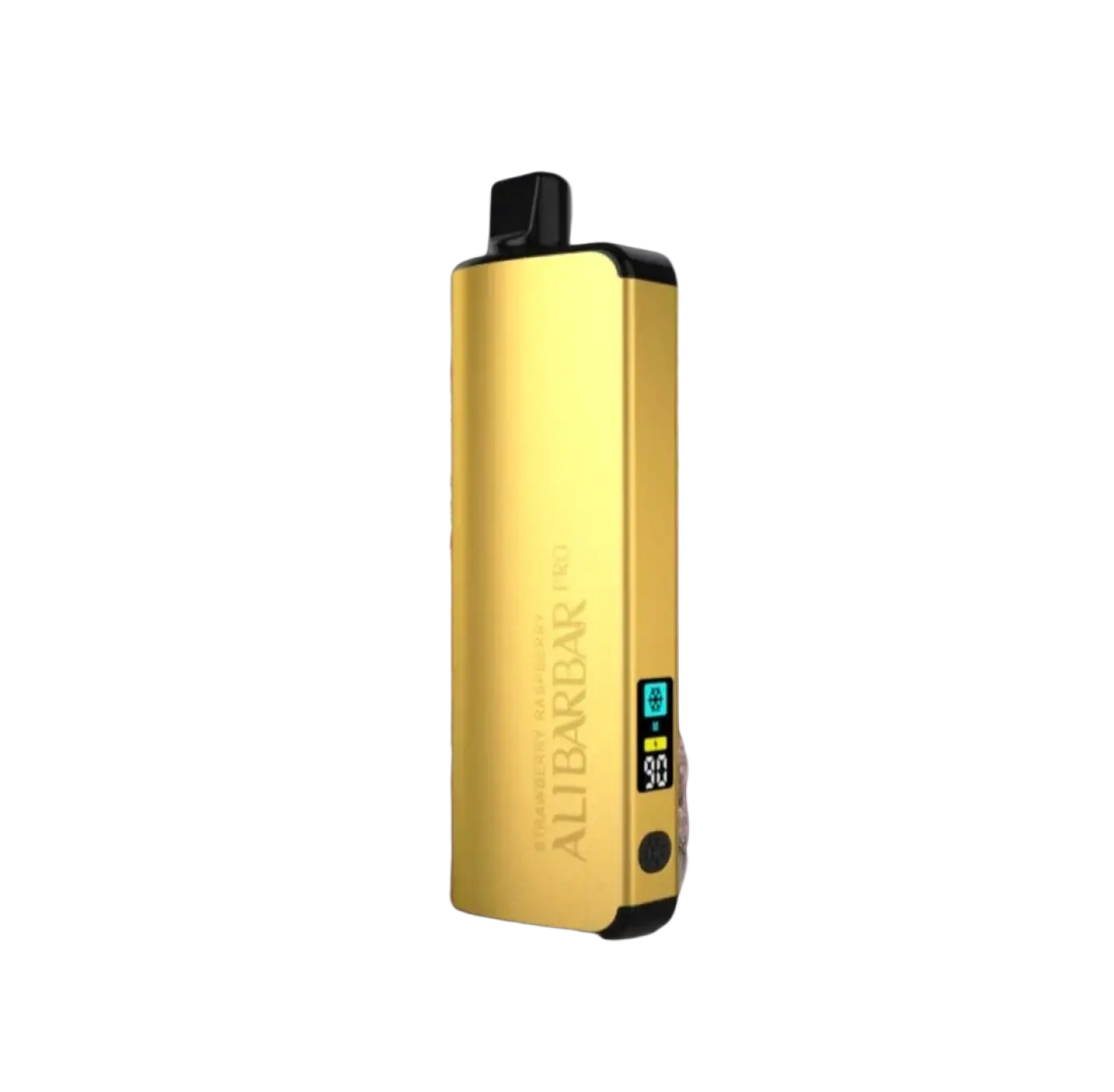 Gold-colored sleek rectangular alibarbar pro 12000 ice adjust vape pen with digital battery display and black accents in strawberry raspberry flavor