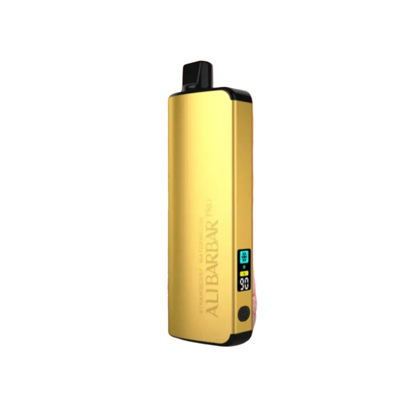 Gold-colored aluminum alibarbar pro 12000 ice adjust strawberry vape pen with black accents and digital battery display