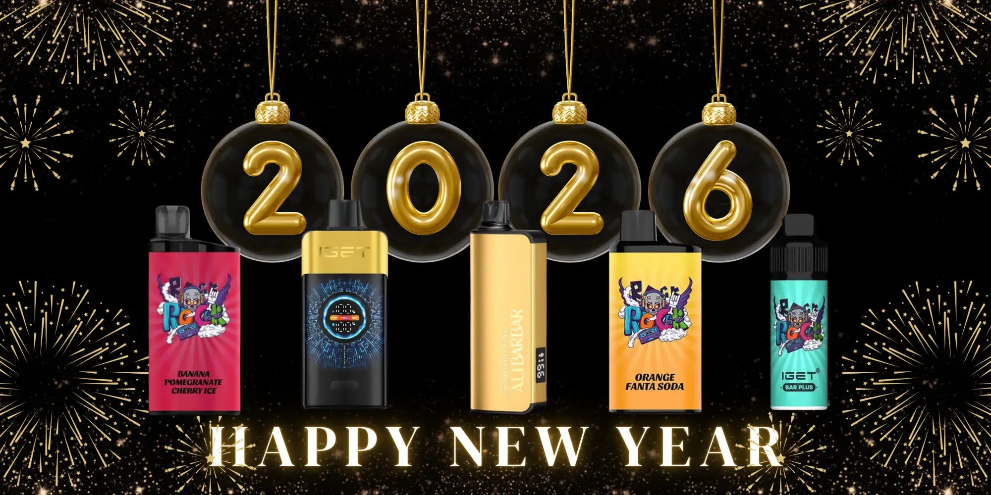 Five colorful vape pens, each with distinct designs and flavors like banana pomegranate churro ice or orange fruta soda.