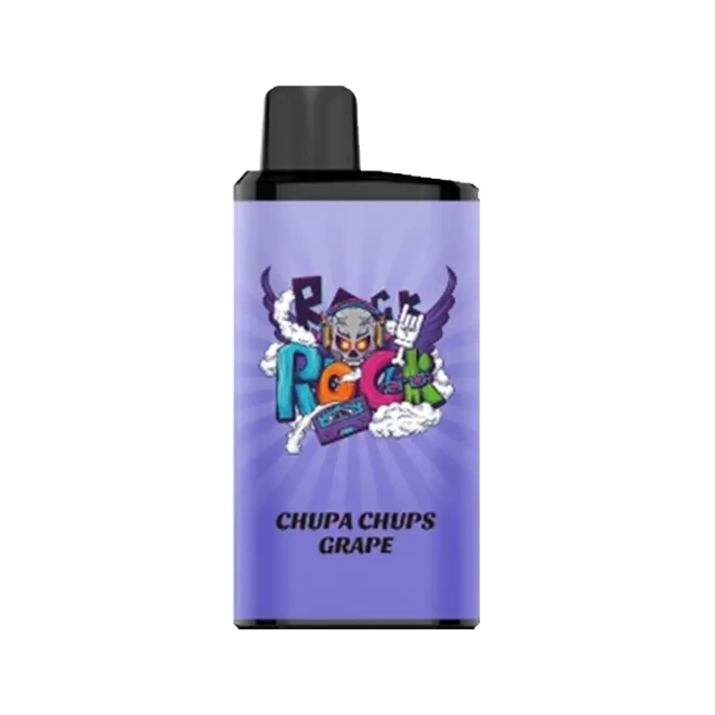 Purple iget bar pro vape cartridge with black cap and colorful rock chupa chups grape graphic design for bar pro chup