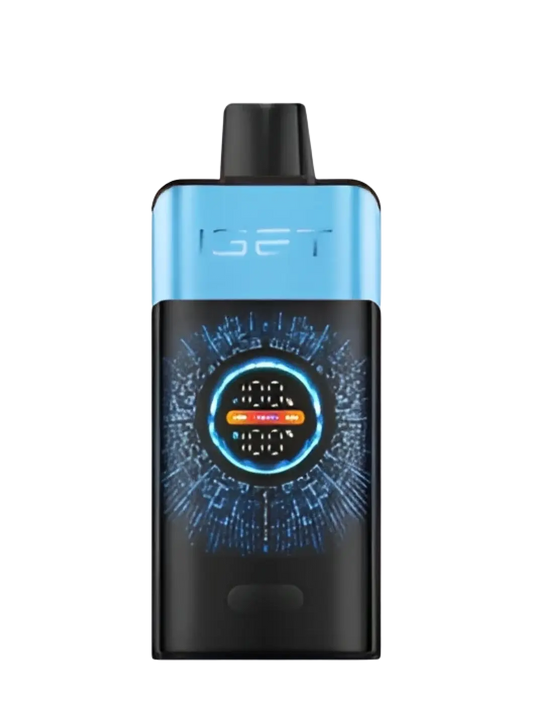 Blue and black iget vape pen with glowing digital display from the iget pro blue monster series