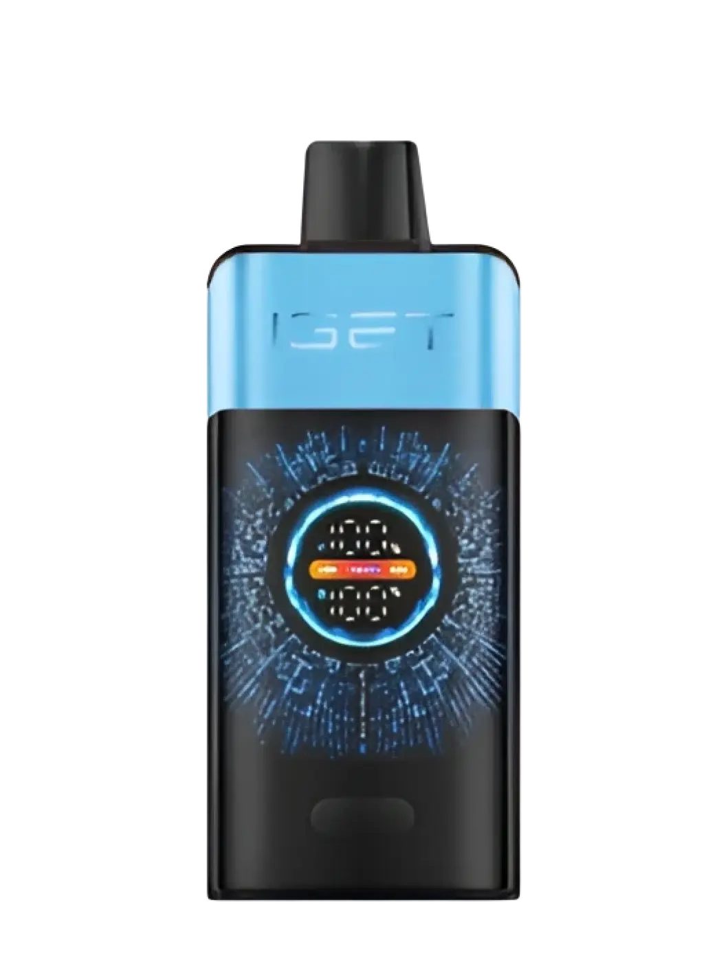 Blue and black iget pro vape pen with glowing digital display in blueberry ice flavor for smooth vaping experience