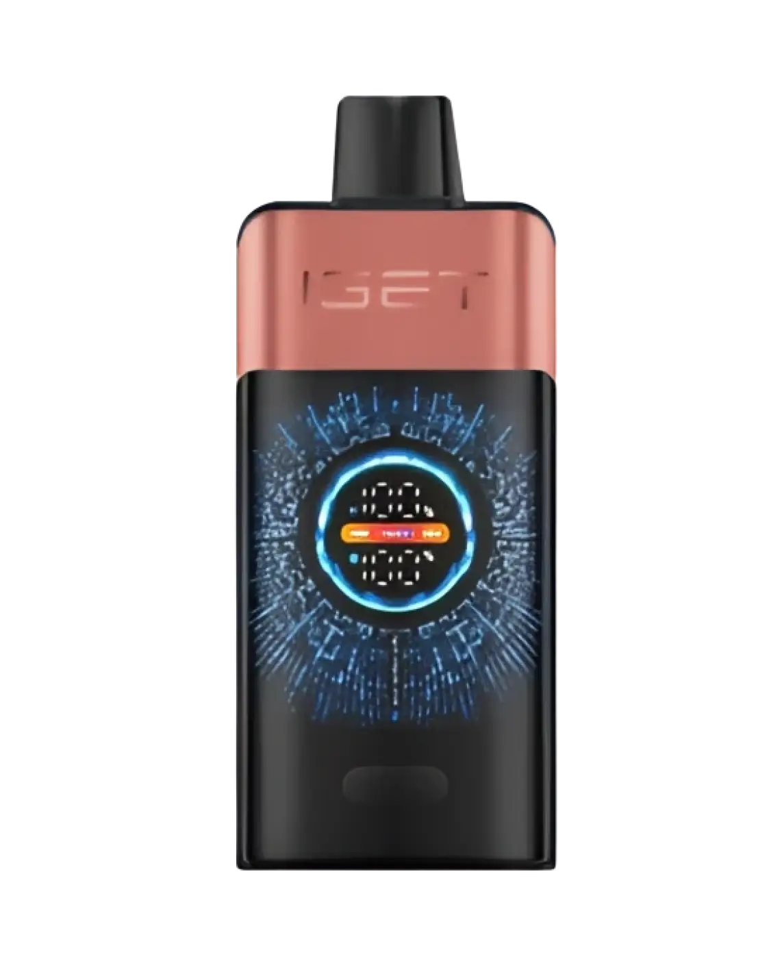 The sleek black and rose gold iget pro vape device with a glowing blue digital display features chups strawberry flavor