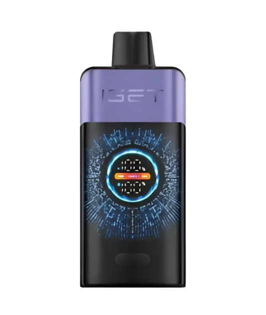 Purple and black iset vape pen with glowing blue digital display for raspberry grape ice flavor vaping