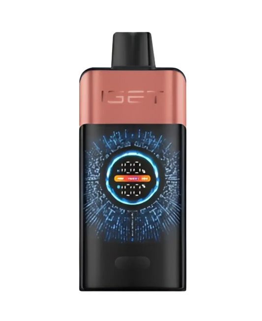 The sleek black and rose gold iset vape device features a glowing blue digital display with orange center for strawberry pomegranate ice